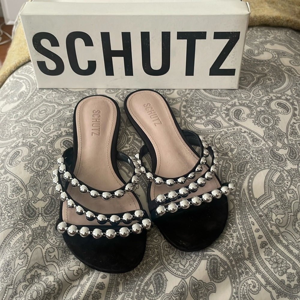 Schutz Aurelia Studded Black Strappy Sandals Size 8 | Slide Heels Party